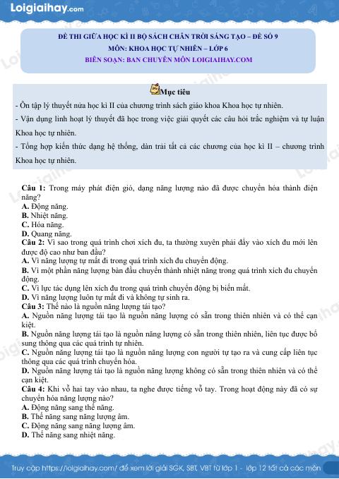 Đề thi giữa học kì 2 KHTN 6 Chân trời sáng tạo - Đề số 9